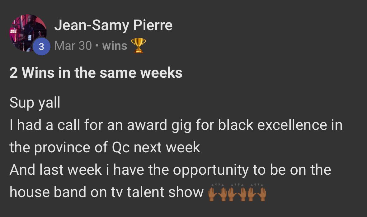Screenshot of Jean-Samy Pierre sharing two gig wins in the same week