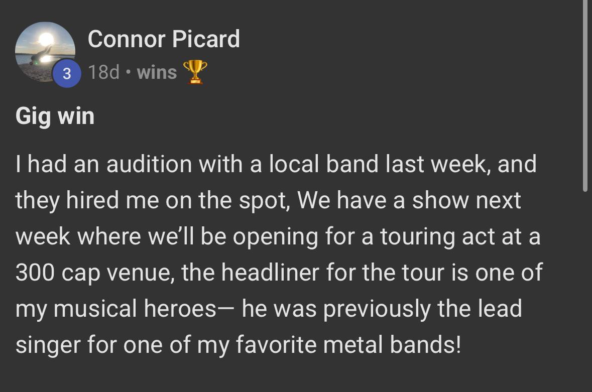 Screenshot of Connor Picard sharing a gig win after an audition